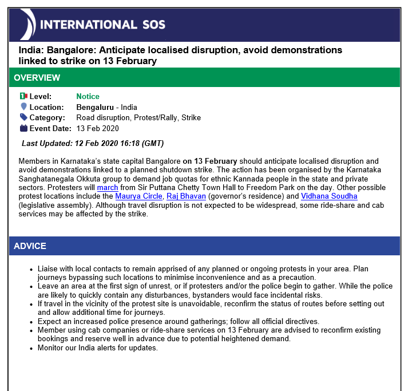 ISOS Sample Alert indicating the risk level/overview of a potential situation and a second section of the alert that details advice. Exact text varies per the situation, main information to be taken from image is that the alert explains the situation and gives advice.