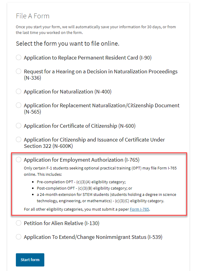 Select "Application for Employment Authorization (I-765)" under "File a Form"
