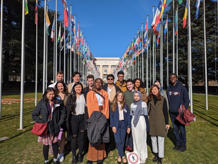 World House Student Fellows posing for a photo outside of the UN headquarters in Geneva, Switzerland.
