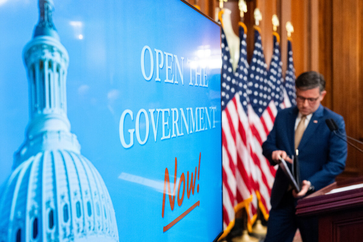 Speaker Mike Johnson, R-La., arrives to hold his daily news conference on the government shutdown in the Capitol on Monday. (Bill Clark/CQ Roll Call)

