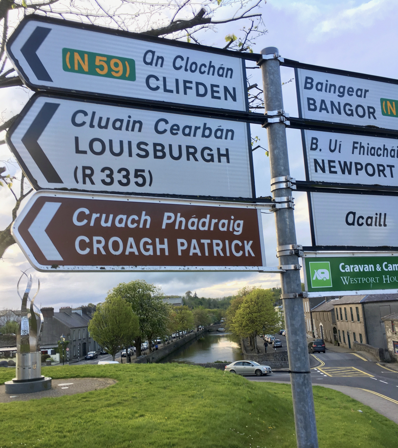 Signs in Westport with Irish text