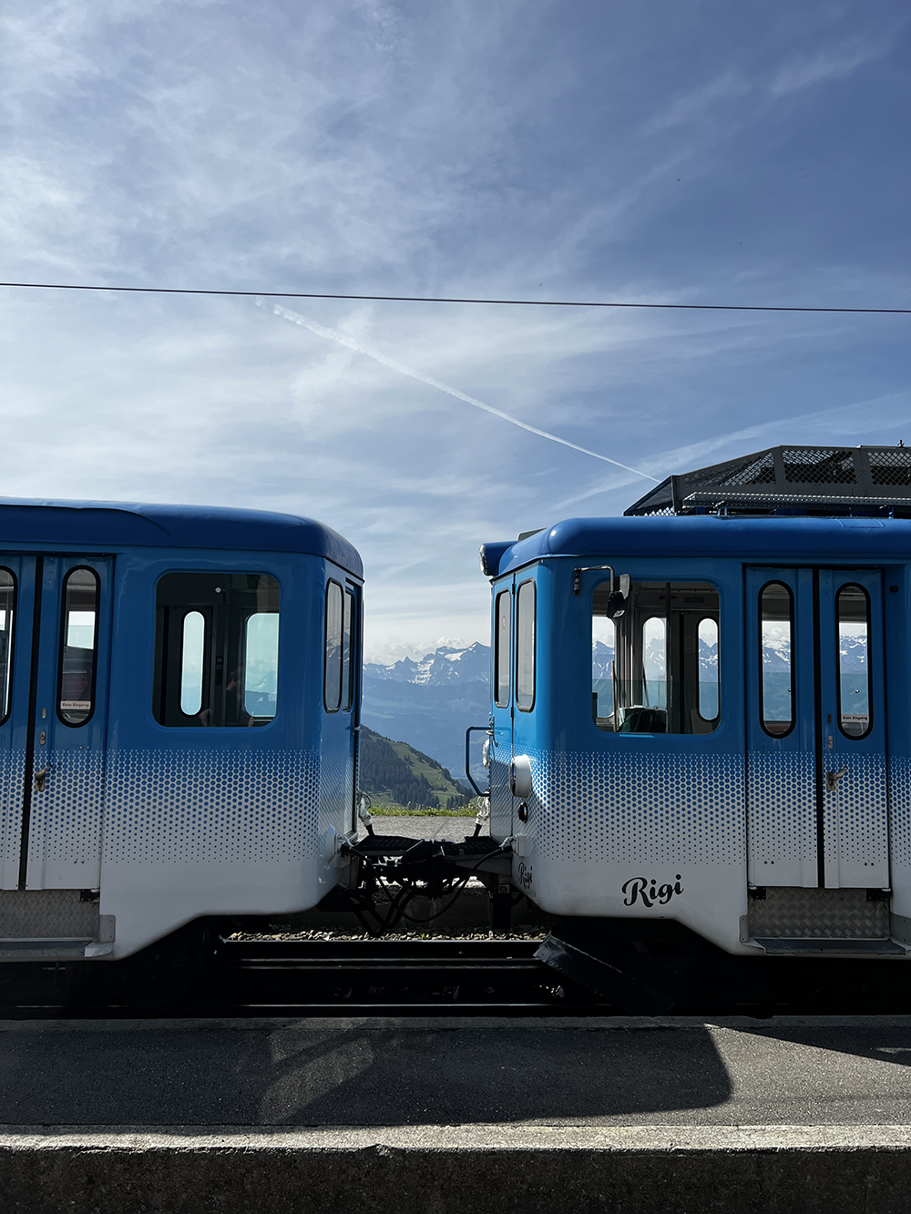 Two train cars at their connection point.