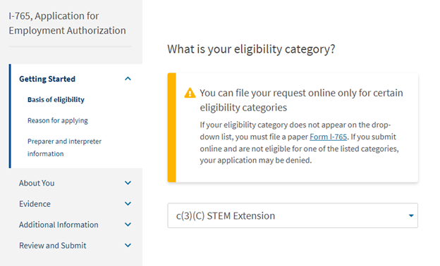 Select "c(3)(c) STEM Extension for eligibility category under the "Getting Started - Basis of Eligibility" section.
