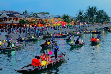 Lanterns in the Thu Bon River and decorating the streets in Hoi An