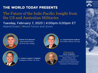 Flyer for February 7 event titled "The Future of the Indo-Pacific: Insight from the US and Australian Militaries"