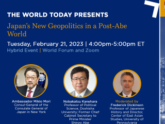 Flyer for February 21, 2023 event titled "Japan's New Geopolitics in a Post-Abe World"