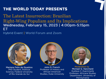 Flyer for February 15 event titled "The Latest Insurrection: Brazilian Right-Wing Populism and Its Implications"