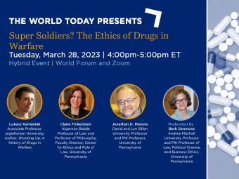 Flyer for event titled Super Soldiers? The Ethics of Drugs in Warfare on Tuesday, March 28, 2023 from 4:00pm - 5:00pm ET
