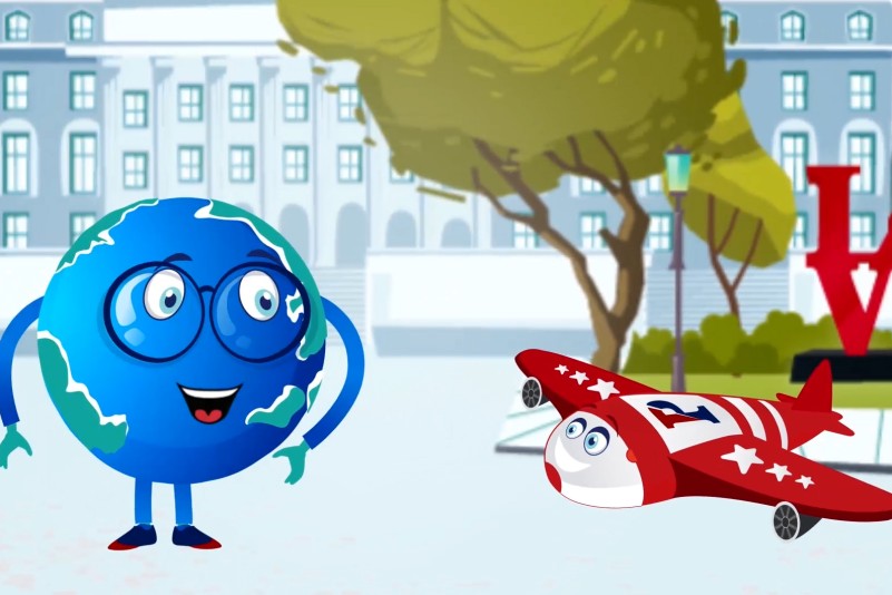 A globe and plane cartoon character speak to each  other.