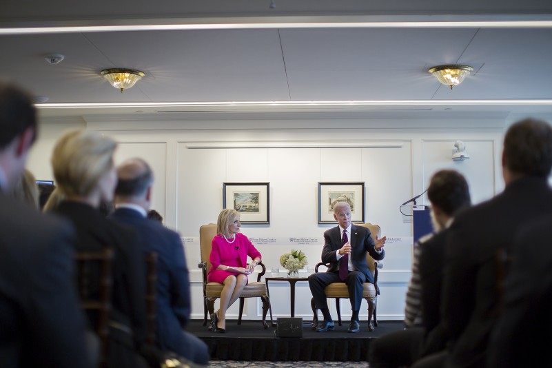 Mitchell joins Biden in a conversation at the newly opened Penn Biden Center. 