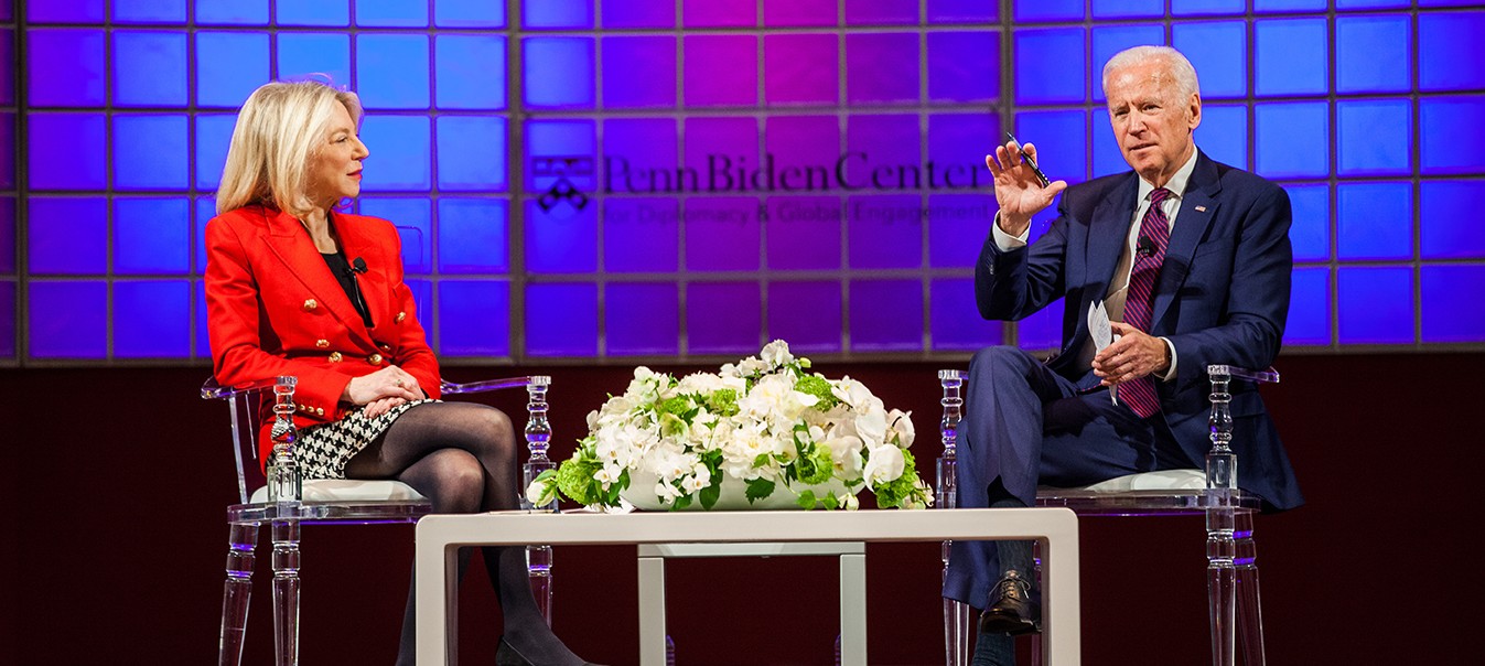 Joe Biden and President Amy Gutmann at the University of Pennsylvania.