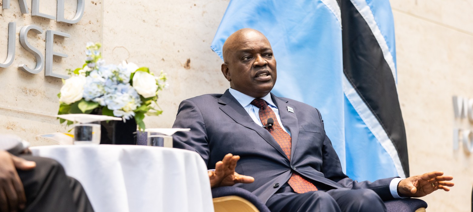President Masisi of Botswana speaks to an audience at Perry World House