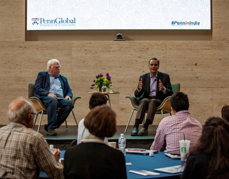 Ambassador Richard Verma with the late Jim McGann in discussion at the 2018 Penn India Research Symposium