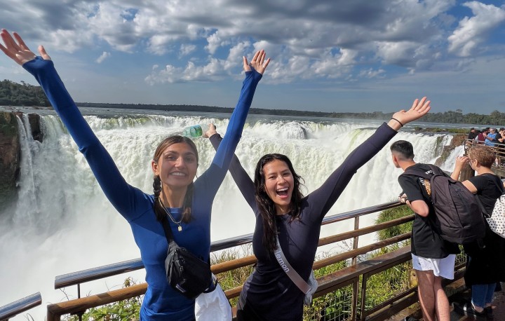 Samina and friend at a waterfall