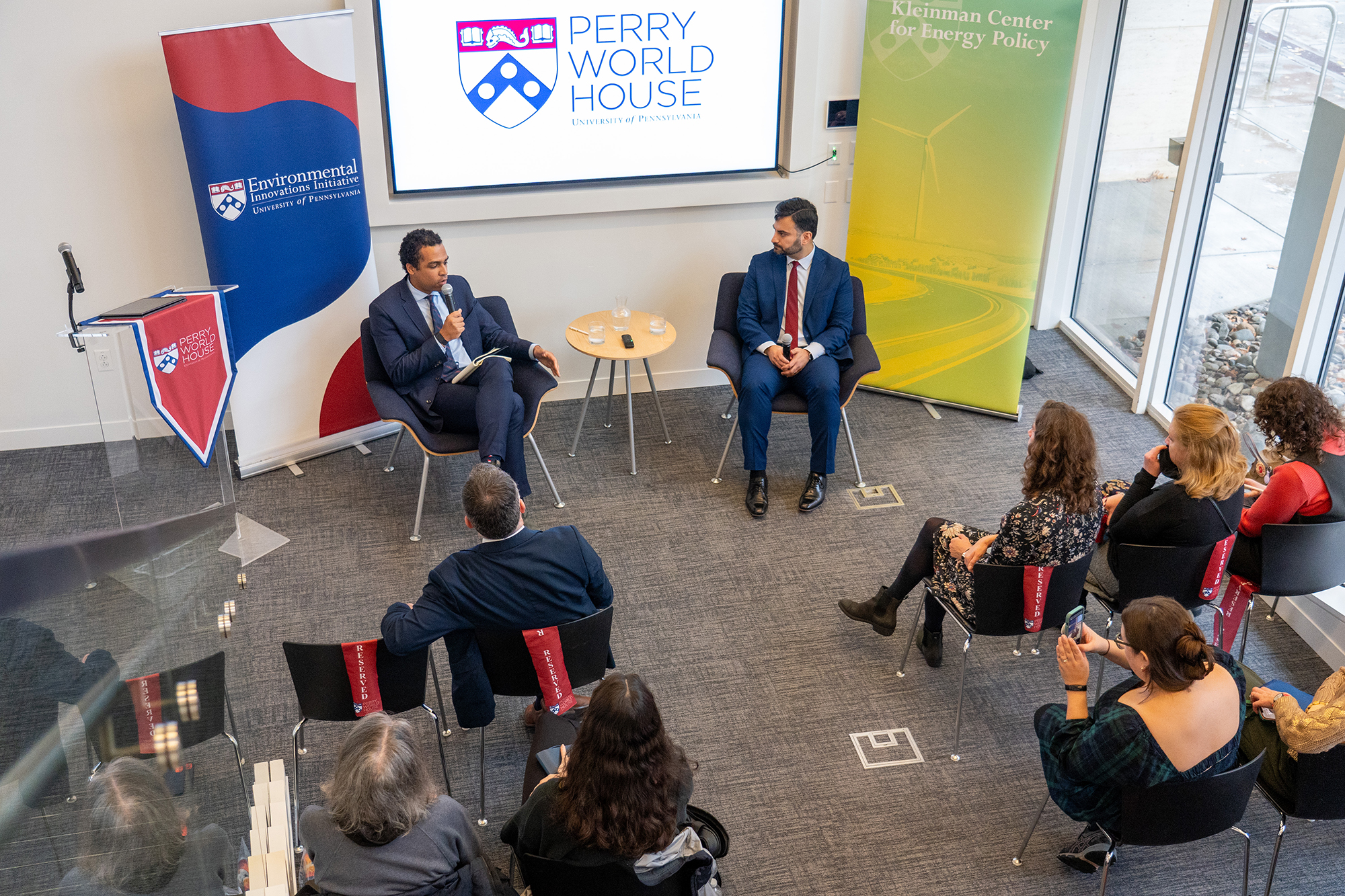 White House National Climate Advisor Ali Zaidi (right) and senior correspondent at Time magazine Justin Worland in discussion at Perry World House. (Image: Gabby Szczepanek/Perry World House)